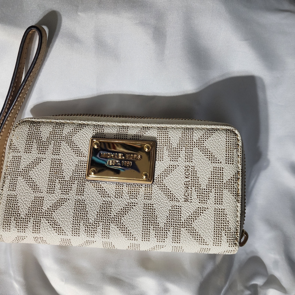 Michael Kors Beige and Gold Logo Wristlet